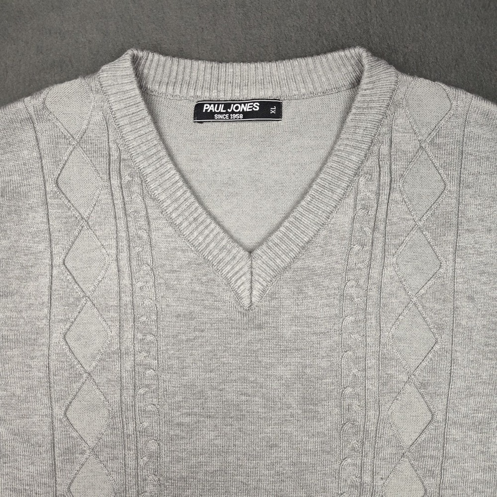 Paul Jones Sweater Vest Mens Extra Large Gray V Neck Cable Knit Pullover Golf - Picture 2 of 10